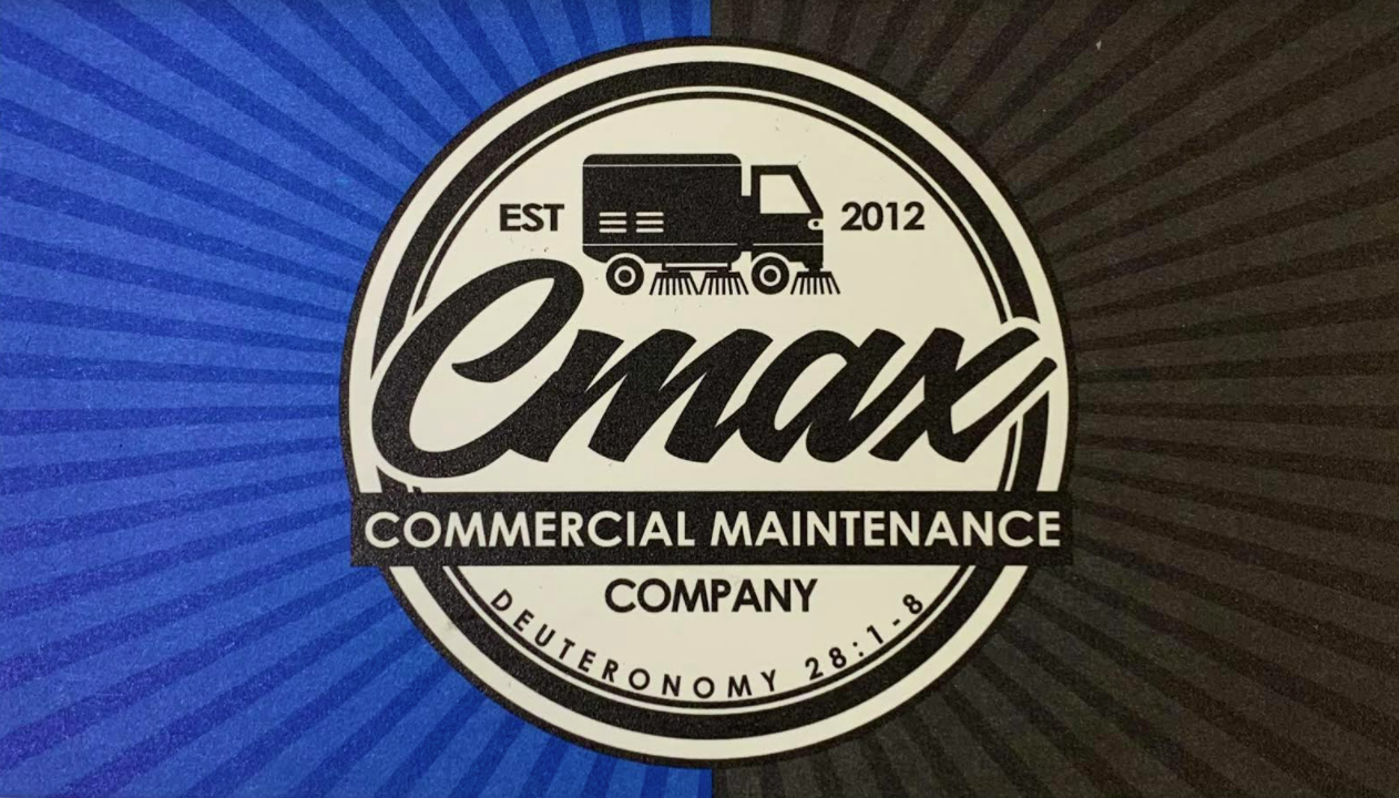 Logo for Cmax Commercial Maintenance Company features a street sweeper icon, established in 2012, with a black and white circular design and blue and black radial backgrounds.
