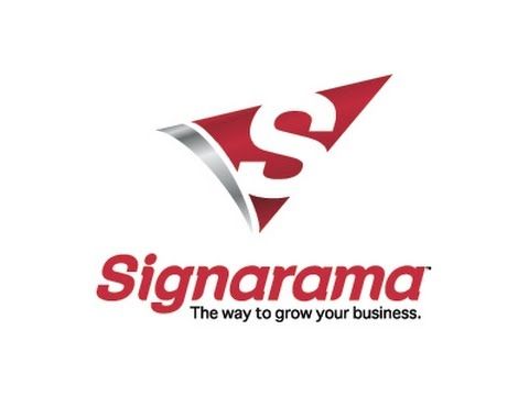Logo featuring a stylized red and gray "S" above the word "Signarama" in red, followed by the tagline "The way to grow your business" in black.