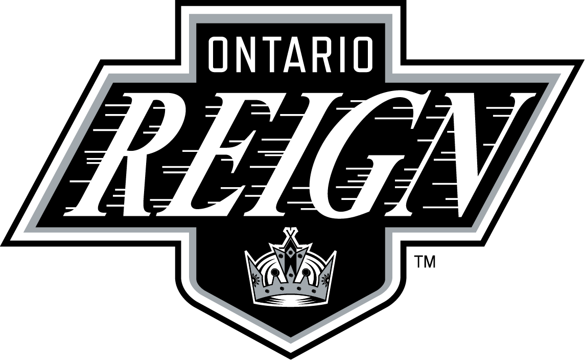 Logo of Ontario Reign hockey team featuring bold white text on a black shield: "ONTARIO REIGN." A silver crown is below, adding a regal touch.