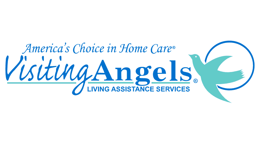 Logo for "Visiting Angels Living Assistance Services" with a blue, stylized bird in flight. Text reads, "America's Choice in Home Care" in blue. Calm and caring tone.