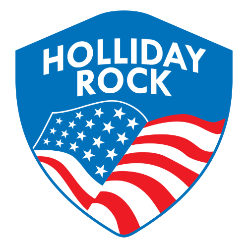 A blue shield logo featuring "HOLLIDAY ROCK" in bold white letters above a stylized American flag with stars and stripes. Patriotic and bold design.