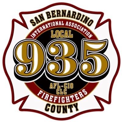 Emblem with a shield shape featuring bold "935" in the center. Text reads "San Bernardino County Firefighters, Local 935, International Association."