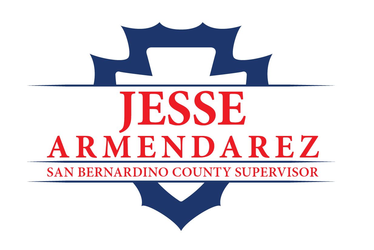 Red text reads "Jesse Armendarez, San Bernardino County Supervisor" within a stylized blue badge outline, conveying a professional tone.