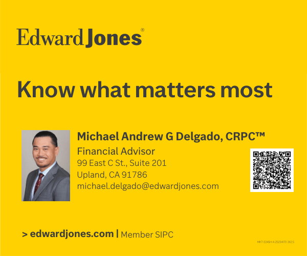 Yellow business card for Edward Jones with the slogan "Know what matters most." Includes a man's photo, contact info, QR code, and website link.