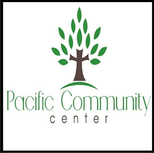 Logo of Pacific Community Center featuring a stylized tree with green leaves above the name in elegant green letters, conveying growth and community.