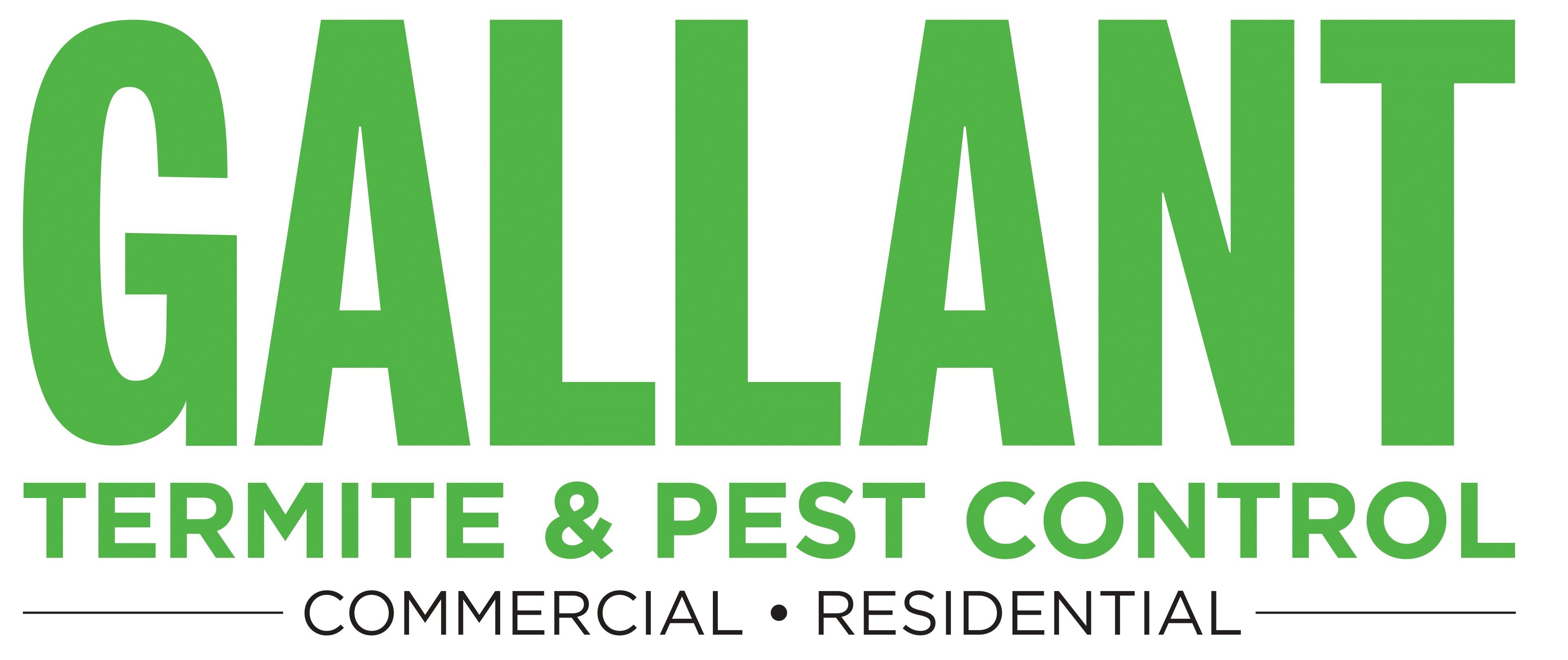 Alt text: "Gallant Termite & Pest Control logo featuring bold green lettering on a white background. Text includes 'Commercial • Residential.'"